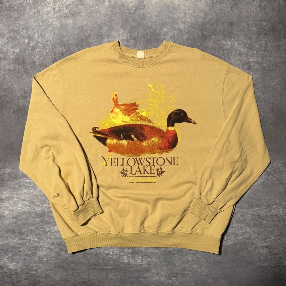 Urban Outfitters Yellowstone Lake Wyoming Duck Sweatshirt Mens L/XL Tan Crewneck